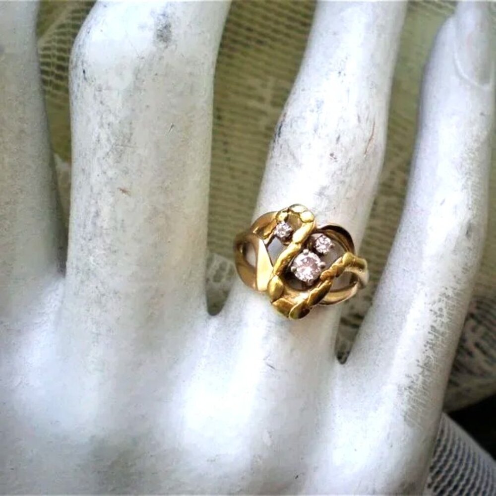 Designer Solid 14K Yellow Gold Real 22K Gold Nugget Diamond Cluster Ring - Picture 5 of 12